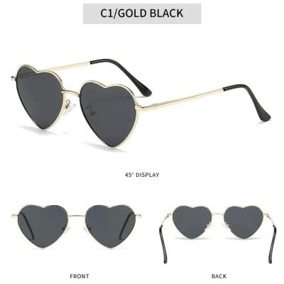 Stylish heart-shaped sunglasses for women, black lenses with gold frame, perfect for trendy fashion and eye protection.