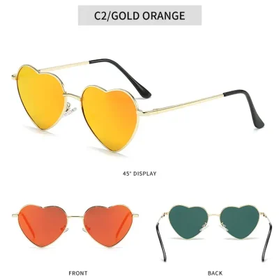 Stylish heart-shaped sunglasses with reflective orange and green lenses, perfect for fashion-forward individuals seeking unique eyewear. Ideal for outdoor wear and making a bold statement.