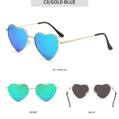 Heart-shaped sunglasses with gold frames and mirrored blue lenses, stylish eyewear ideal for fashion lovers. Shop the latest in trendy sunglasses at Monalisa Store for a chic and modern look.