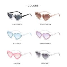 Stylish heart-shaped sunglasses available in black, brown, blue, purple, pink, and grey, featuring beaded edges perfect for fashion-forward eyewear enthusiasts.