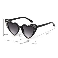 Fashionable heart-shaped sunglasses with rhinestone embellishments, perfect for women seeking trendy eyewear options. Accurate measurements provided for the ideal fit and style.