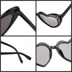 Stylish black heart-shaped sunglasses with rhinestone embellishments, perfect for fashion-forward eyewear enthusiasts. Ideal for trendy accessories and premium optical products.