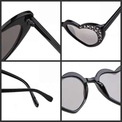 Stylish black heart-shaped sunglasses with rhinestone embellishments, perfect for fashion-forward eyewear enthusiasts. Ideal for trendy accessories and premium optical products.