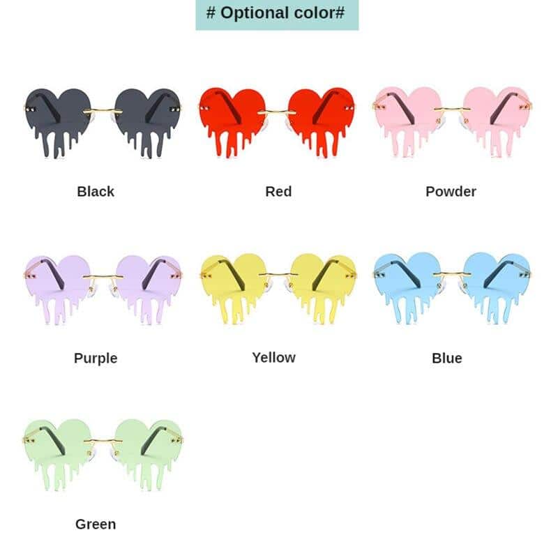 Heart-shaped fashion glasses available in black, red, powder pink, purple, yellow, blue, and green, perfect for trendy eyewear and optical fashion.