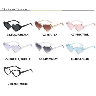 Chic heart-shaped sunglasses in various colors, available at Monalisa Medical store. Perfect for stylish women seeking trendy accessories, including black, tea, pink, purple, gray, and blue options.
