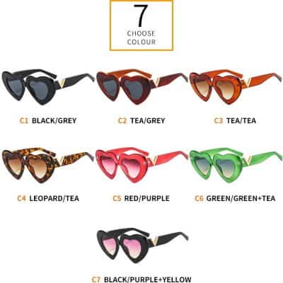 Heart-shaped sunglasses in various colors perfect for stylish eyewear collection, including black/grey, tea/grey, tea/tea, leopard/tea, red/purple, green/green+tea, and black/purple+yellow, ideal for fashion, sun protection, and optical accessories.