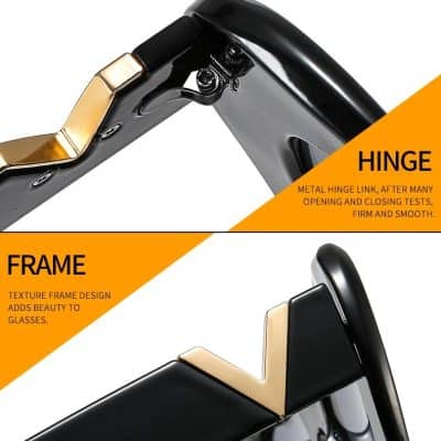 Close-up of stylish black sunglasses hinge showing durable metal link and smooth opening/closing mechanism. Perfect for modern eye fashion and quality eyewear.