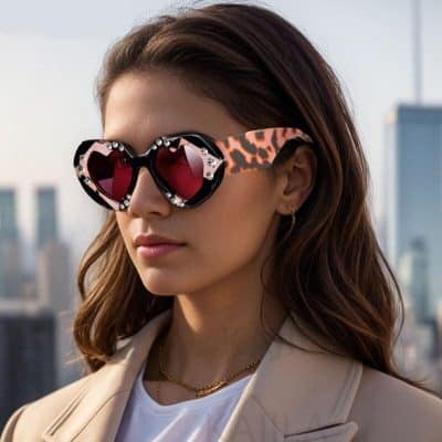 Fashion sunglasses with leopard print and heart-shaped lenses, perfect for stylish women seeking premium eye protection and unique accessories.