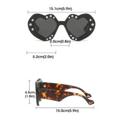 Heart-shaped sunglasses with rhinestone embellishments, 15.1cm wide, black color, perfect for fashionable eyewear.