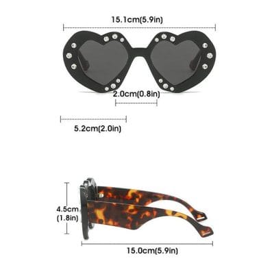 Heart-shaped sunglasses with rhinestone embellishments, 15.1cm wide, black color, perfect for fashionable eyewear.