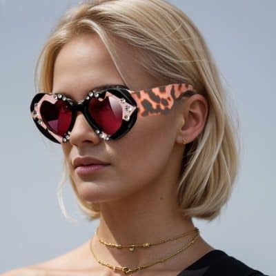 Stylish heart-shaped sunglasses featuring red tinted lenses and decorative embellishments, perfect for fashion-forward individuals seeking unique eyewear from Monalisa Store.