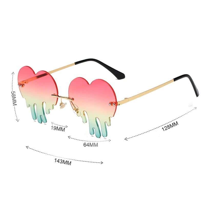 Stylish heart-shaped sunglasses with pink-to-green gradient lenses, measuring 143mm width, ideal for fashionable eye protection and summer accessories from Monalisa Medical.
