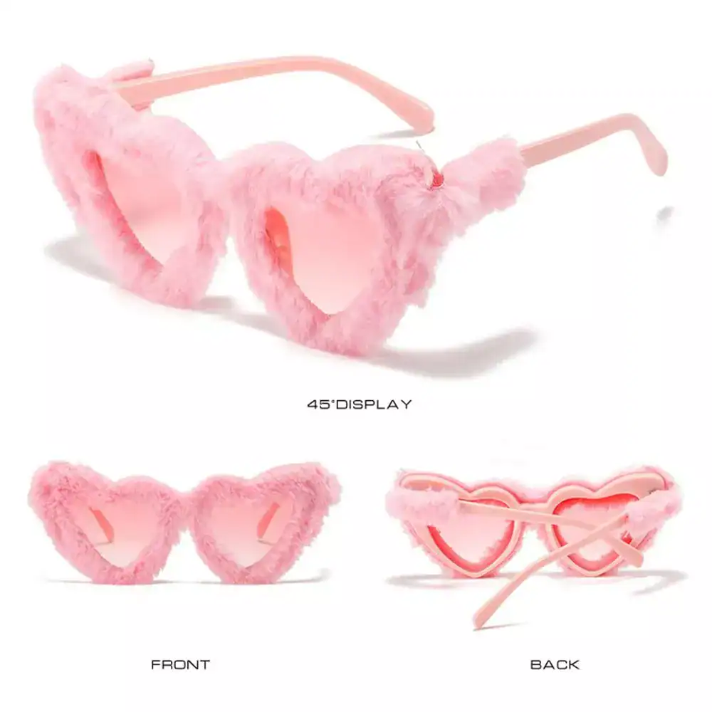 Vibrant pink fluffy heart-shaped sunglasses, featuring a whimsical and stylish design ideal for fashion accessories, parties, and festival outfits, adding a fun and playful touch to your look.
