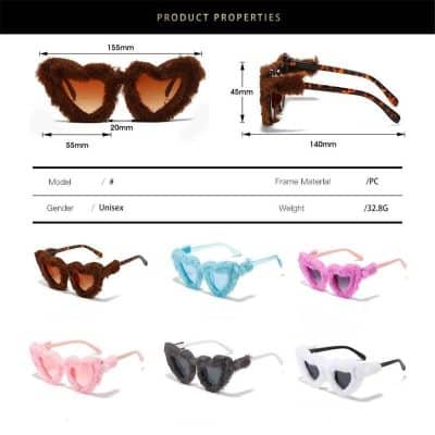 Cute, stylish furry heart-shaped sunglasses available in multiple colors for women and men.
