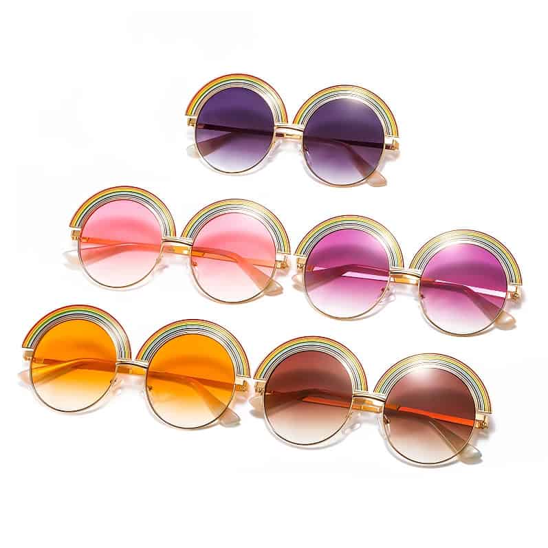 Stylish rainbow-accented sunglasses with gradient tinted lenses, perfect for fashion-forward individuals, sun protection, and outdoor events. Unique eyewear collection from Monalisa Store.