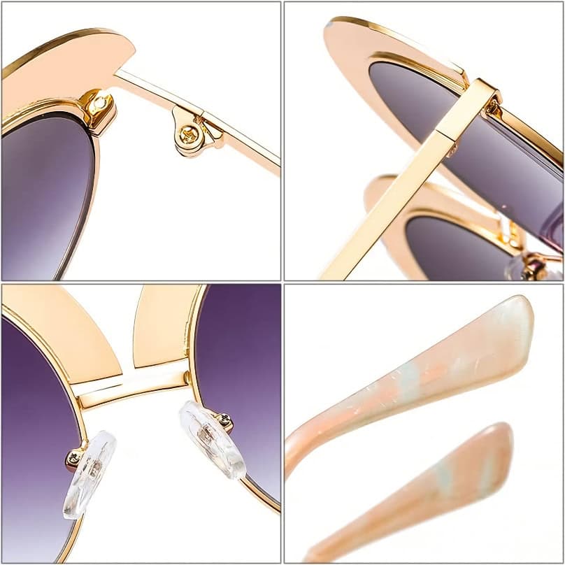 Elegant gold-framed sunglasses with purple gradient lenses and delicate temple details. Perfect for stylish eye protection.