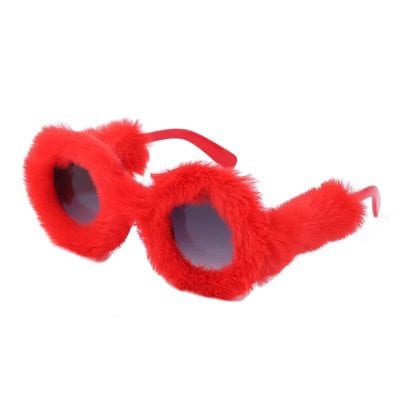 Bright red fuzzy sunglasses with dark tinted lenses designed for fun and fashion. Perfect accessory for parties, costumes, or playful looks, adding a vibrant touch to your outfit.