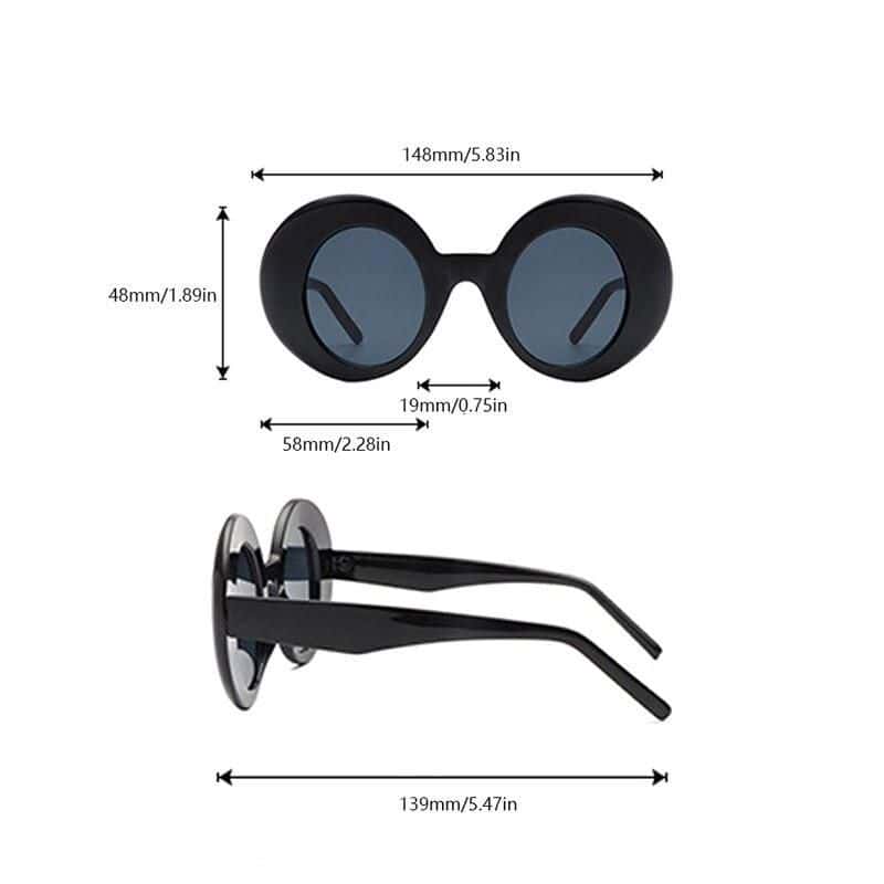 High-quality sunglasses with dimensions perfect for fashion and sun protection, featuring rounded dark lenses and comfortable fit.