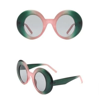Stylish round green and pink framed sunglasses with UV-protected lenses for fashion-forward look. Perfect for eye protection and trendy accessories.