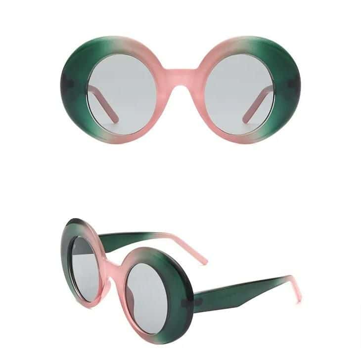 Stylish round green and pink framed sunglasses with UV-protected lenses for fashion-forward look. Perfect for eye protection and trendy accessories.