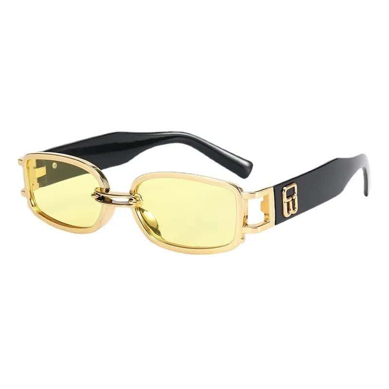 Stylish gold-framed sunglasses with yellow-tinted lenses, featuring a bold black arm design, perfect for fashion-forward eyewear enthusiasts. High-quality, trendy, and ideal for sun protection.