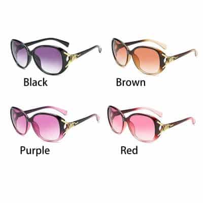 High-quality fashionable sunglasses in black, brown, purple, and red with UV protection and luxurious gold accents, perfect for stylish outdoor wear and sun protection.