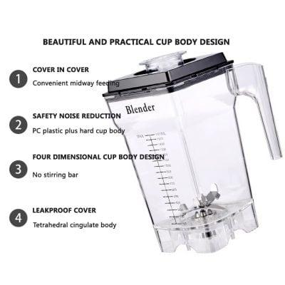 Durable transparent blender container with safety features for smoothies and shakes.