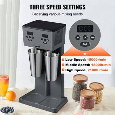 High-speed industrial food mixer with adjustable speed settings and stainless steel cups, perfect for commercial food prep and blending.