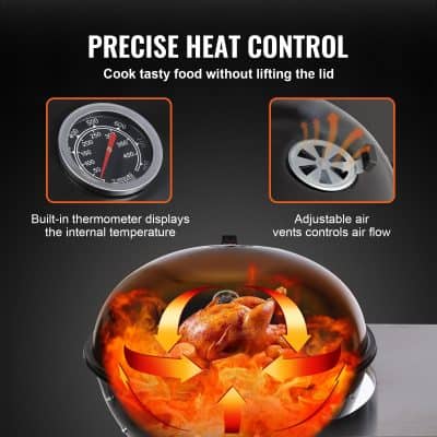 High-quality kitchen appliance with built-in thermometer and adjustable air vents for optimal cooking and food safety.