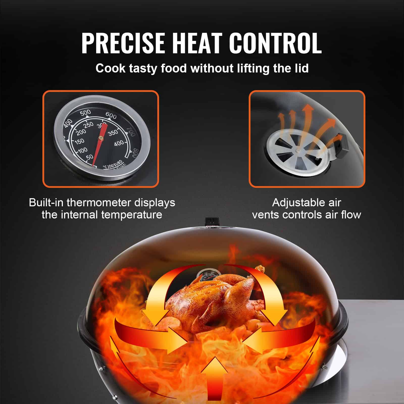 High-quality kitchen appliance with built-in thermometer and adjustable air vents for optimal cooking and food safety.