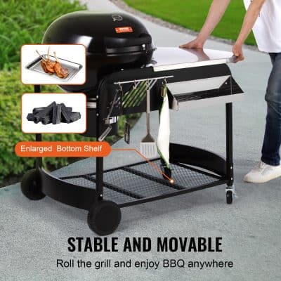 2. Portable BBQ grill with side shelf and bottom storage for grilling accessories, perfect for outdoor cooking and BBQ gatherings.