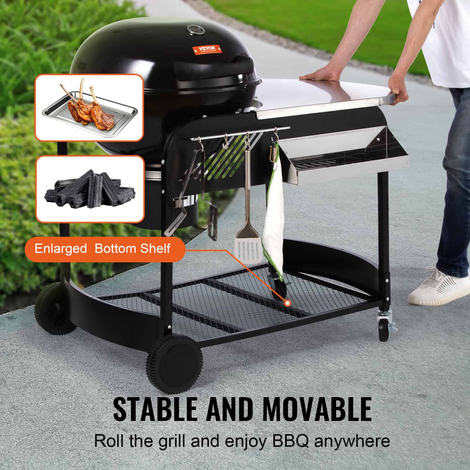 2. Portable BBQ grill with side shelf and bottom storage for grilling accessories, perfect for outdoor cooking and BBQ gatherings.
