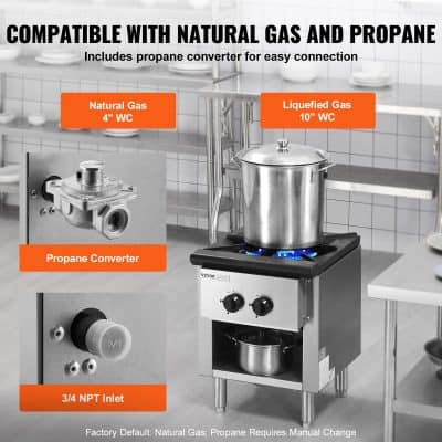 A display of a propane store setup with a gas stove compatible with natural gas and propane, featuring a propane converter, 3/4 NPT inlet, and gas connections for efficient cooking solutions.