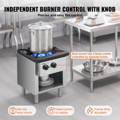 Stainless steel commercial stove with double flame burners controlled by separate knobs for precise cooking .