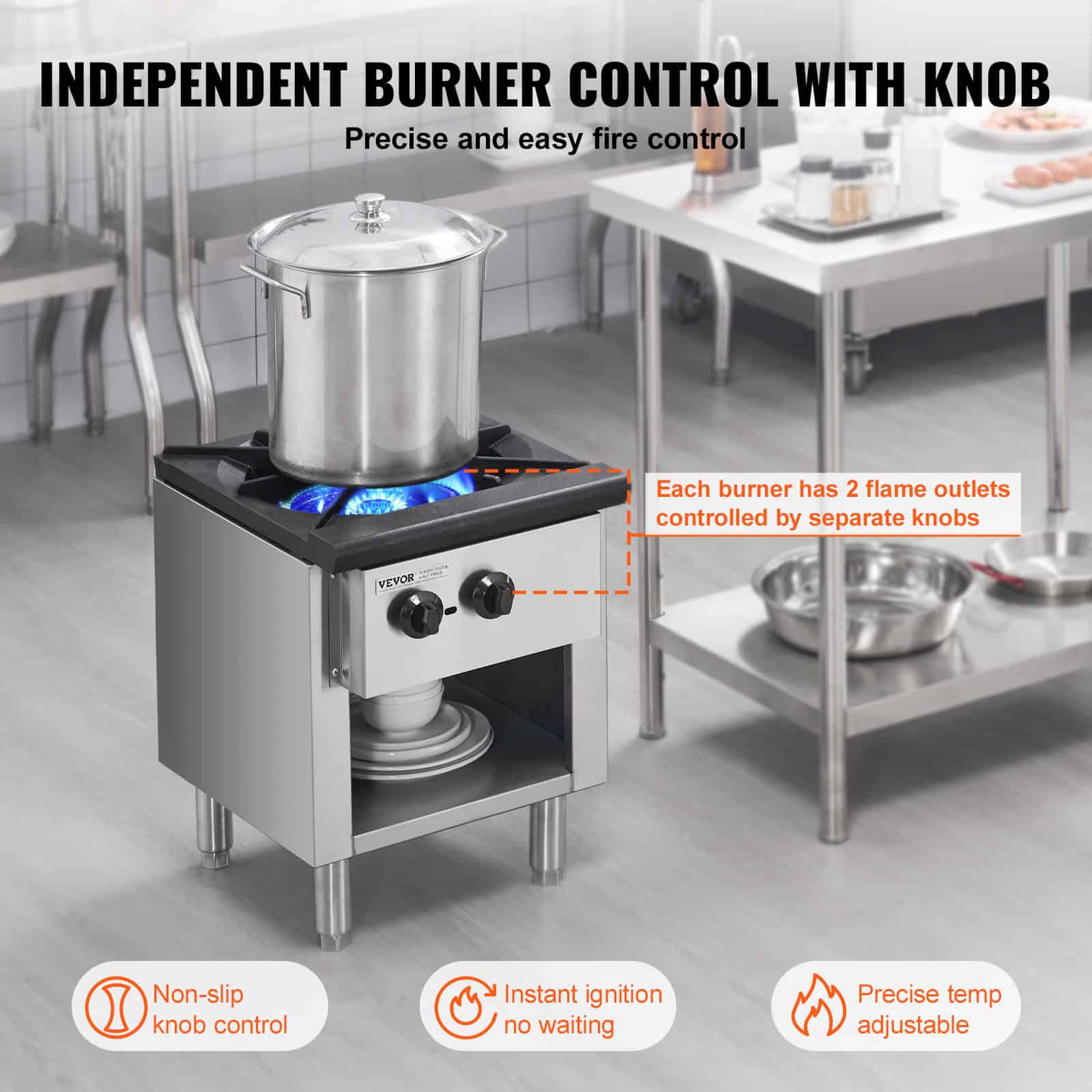 Stainless steel commercial stove with double flame burners controlled by separate knobs for precise cooking .