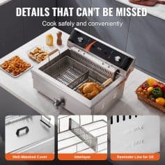 Industrial deep fryer with easy-to-clean stainless steel design, adjustable temperature control, and safety features for cooking crispy fried foods efficiently.