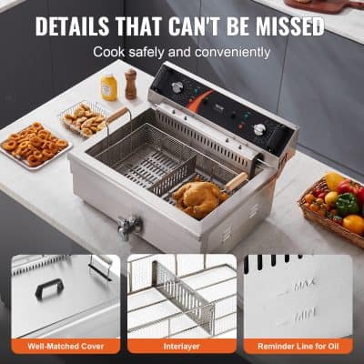 Industrial deep fryer with easy-to-clean stainless steel design, adjustable temperature control, and safety features for cooking crispy fried foods efficiently.