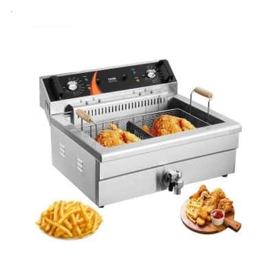 Commercial deep fryer for crispy fried chicken and fries, food service equipment, restaurant kitchen appliances.