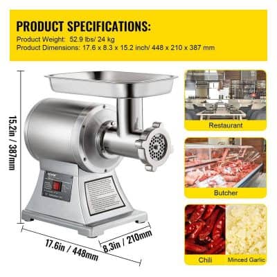 Heavy-duty stainless steel meat grinder perfect for restaurants, butchers, and food processing. Compact design, high efficiency, ideal for grinding chili, minced garlic, and more with precise dimensions.