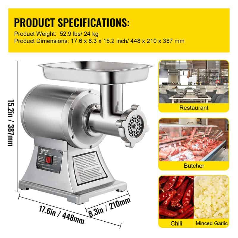 Heavy-duty stainless steel meat grinder perfect for restaurants, butchers, and food processing. Compact design, high efficiency, ideal for grinding chili, minced garlic, and more with precise dimensions.