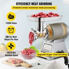 High-capacity meat grinder with 1100W motor, 330 lbs/hr output, and 193 R/Min rotation speed for efficient meat processing. Ideal for food businesses.