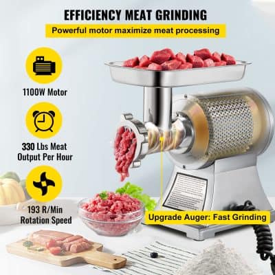 High-capacity meat grinder with 1100W motor, 330 lbs/hr output, and 193 R/Min rotation speed for efficient meat processing. Ideal for food businesses.