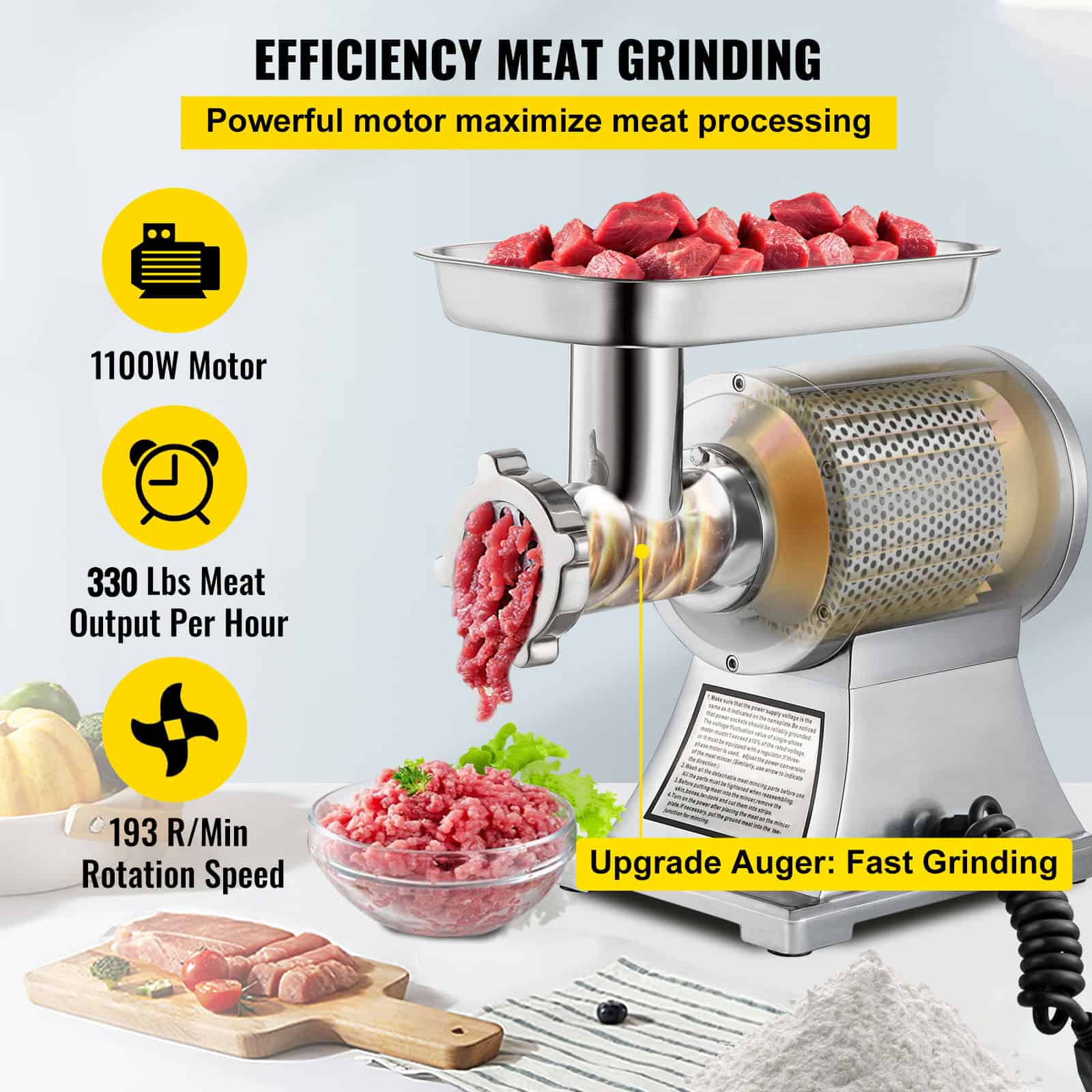 High-capacity meat grinder with 1100W motor, 330 lbs/hr output, and 193 R/Min rotation speed for efficient meat processing. Ideal for food businesses.