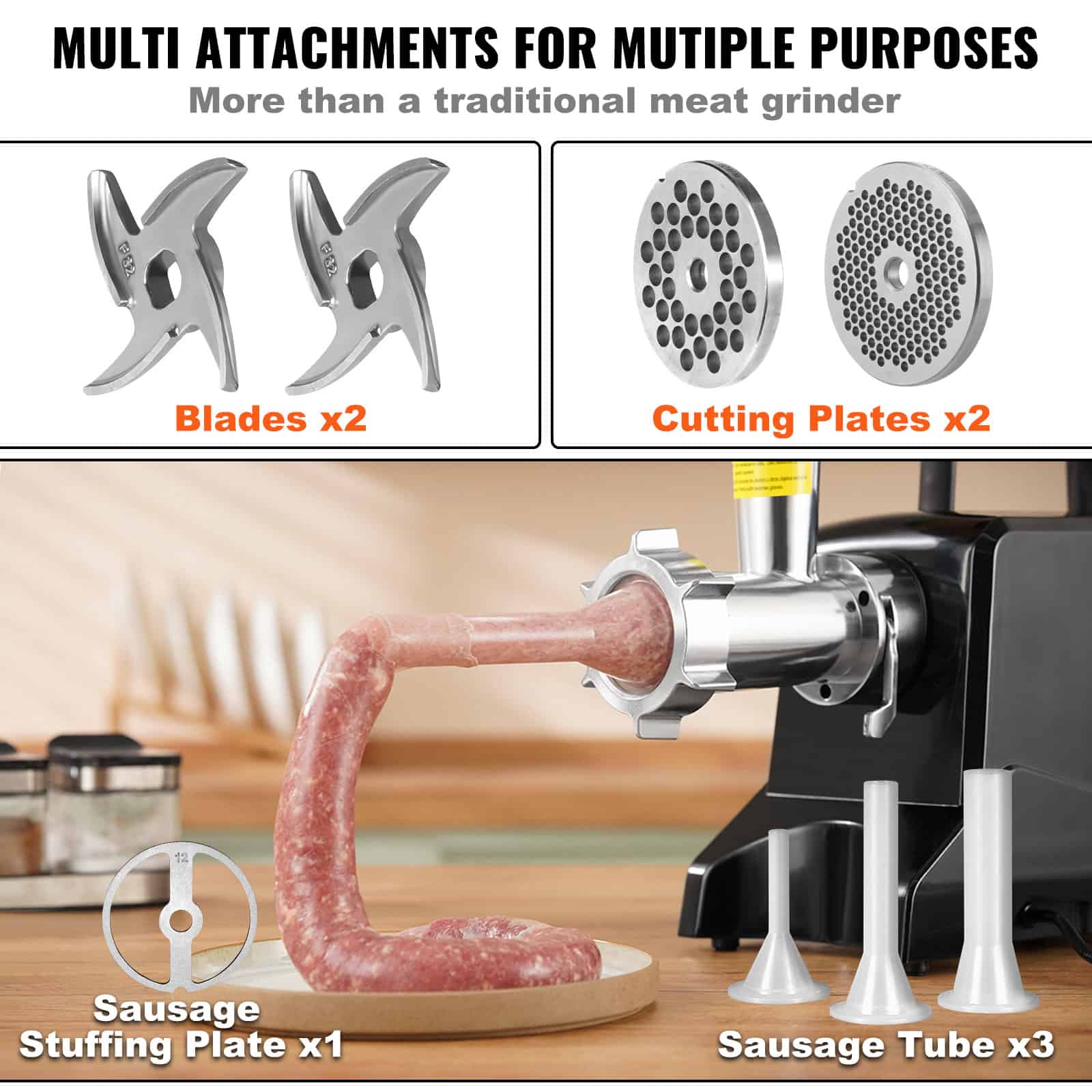 High-quality sausage stuffing and grinding accessories for meat processing machines.