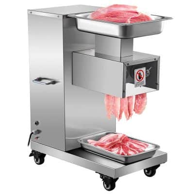 Commercial meat slicer for precise slicing of meats and deli products, ideal for butcher shops, delis, and restaurants. Heavy-duty stainless steel construction ensures durability and hygiene.