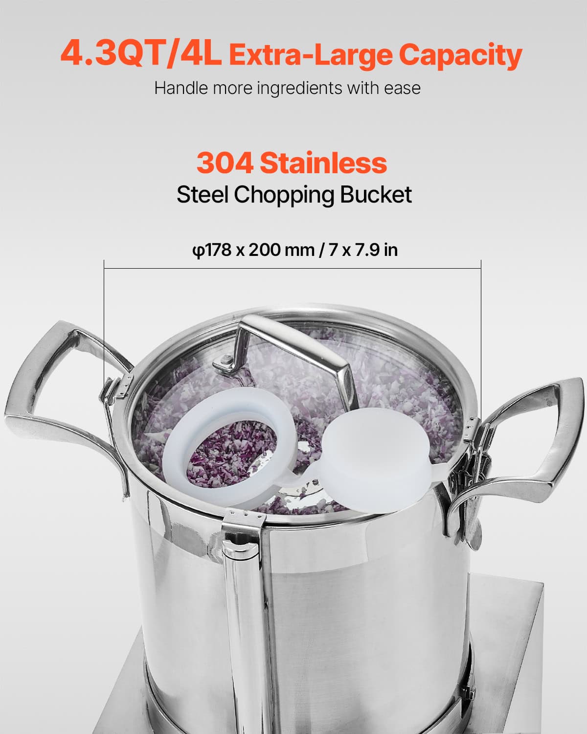 High-quality 304 stainless steel chopping bucket with extra-large 4.3QT/4L capacity, ideal for commercial and home use.