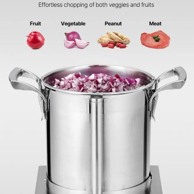 High-quality commercial food processor with stainless steel body, designed for efficient chopping of vegetables, fruits, peanuts, and meat in professional kitchens and food service environments.