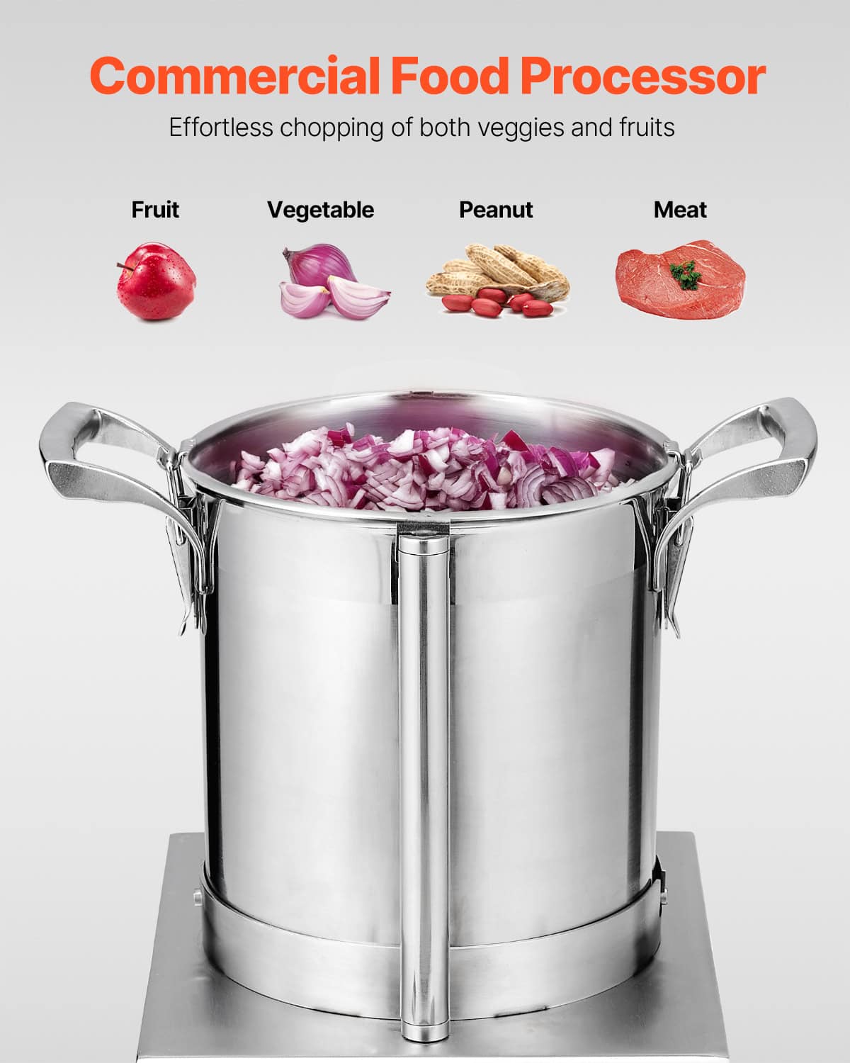 High-quality commercial food processor with stainless steel body, designed for efficient chopping of vegetables, fruits, peanuts, and meat in professional kitchens and food service environments.