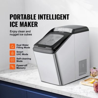 Compact portable ice machine for clear, nugget ice cubes; featuring dual water filling, smart UVC self-cleaning, and memory functions for efficient ice production.