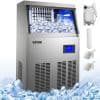 Stainless steel ice maker with digital display, ideal for optical stores, clinics, and medical facilities to produce ice cubes efficiently. Includes accessories for maintenance and optimal ice storage.